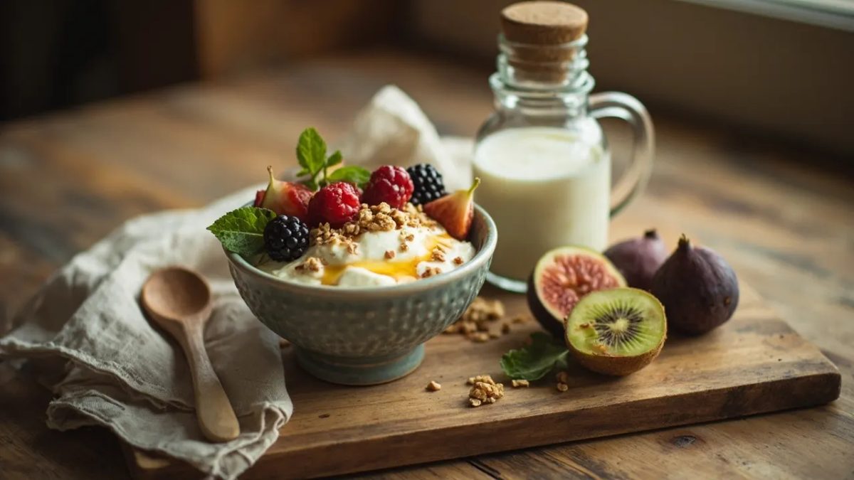 Mesa de madera con un cuenco de yogur cremoso con frutos rojos y granola, un tarro de kéfir y rodajas de fruta, iluminados con luz natural cálida.