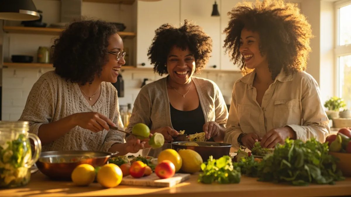 Grupo diverso de personas cocinando juntas en una cocina luminosa, preparando una comida colorida y saludable mientras comparten risas y conversación bajo luz natural cálida.