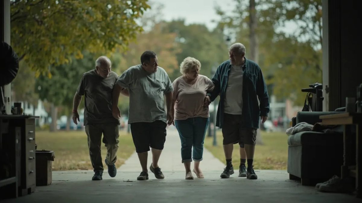 Grupo diverso de personas adultas de distintos cuerpos, edades y orígenes caminando juntas por un parque urbano a primera hora de la mañana bajo una luz suave y nublada.