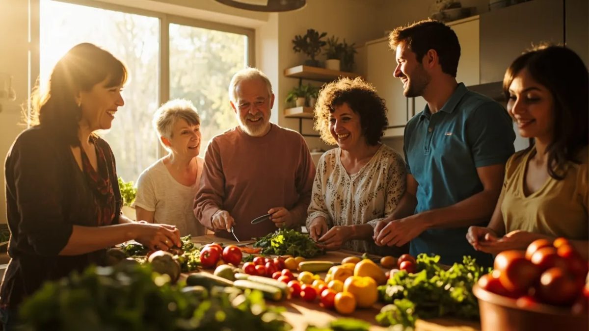 Grupo diverso de personas de distintas edades y complexiones preparando juntos una comida con verduras frescas en una cocina luminosa