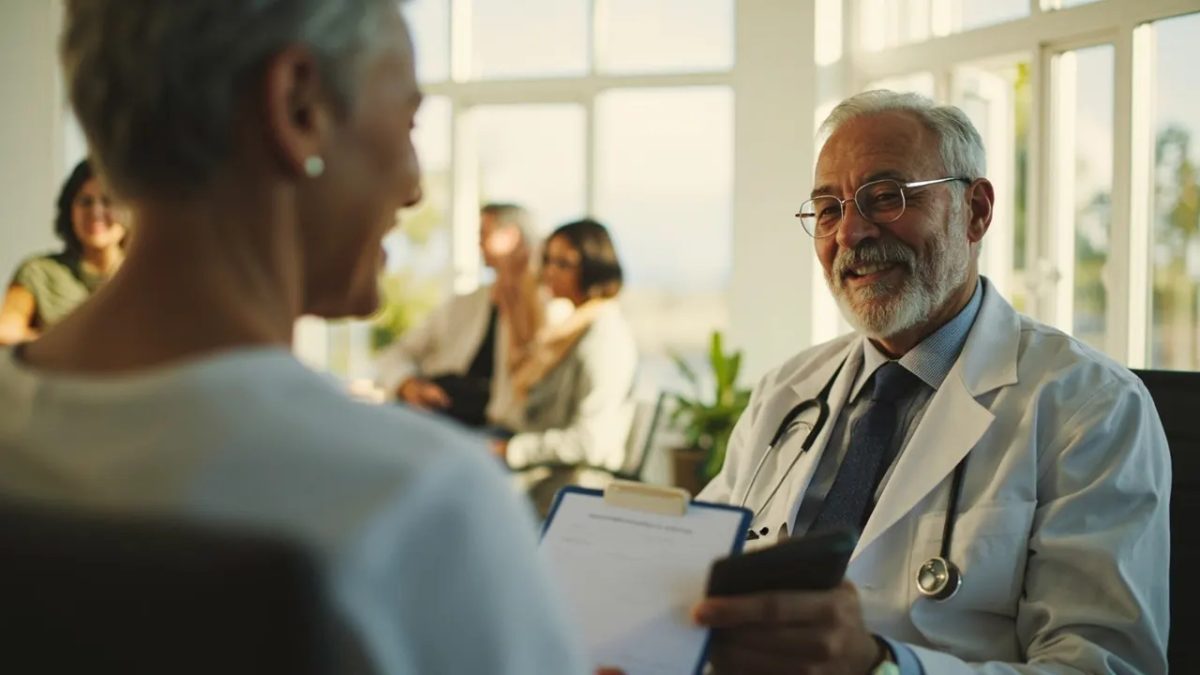 Médico con bata blanca atendiendo de forma empática a una paciente diversa en una consulta luminosa y acogedora, sin elementos clínicos estigmatizantes.