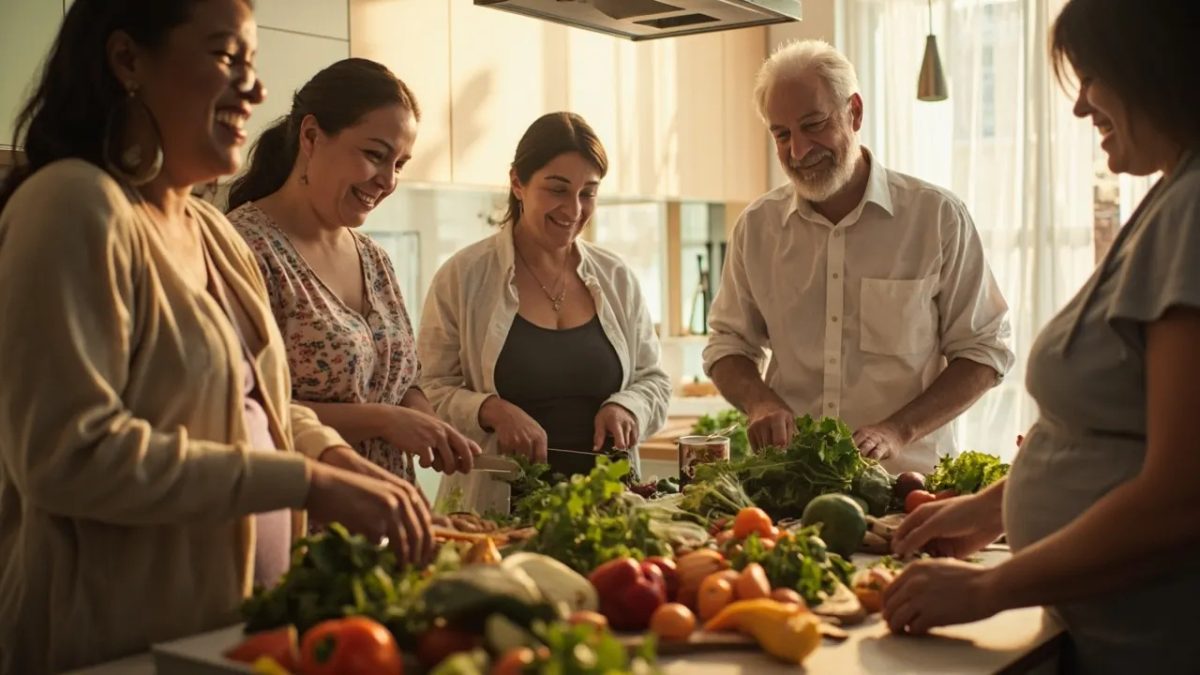 Un grupo diverso de personas preparando juntas una comida fresca y colorida en una cocina luminosa, sonriendo mientras cortan verduras y comparten el momento.