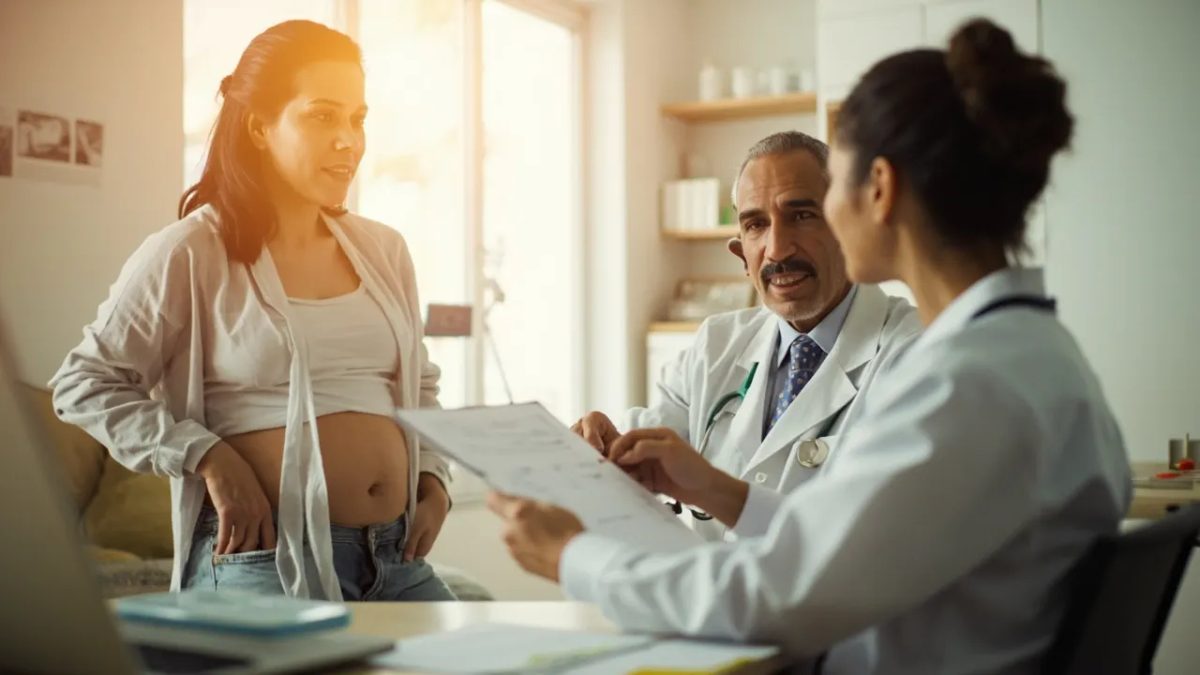 Consulta médica entre un profesional de la salud y una paciente en una clínica luminosa, hablando sobre un plan de bienestar.