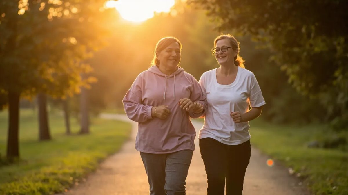 Dos mujeres adultas con cuerpos de distintas complexiones caminando juntas y sonrientes por un sendero arbolado de un parque durante la luz cálida del atardecer.