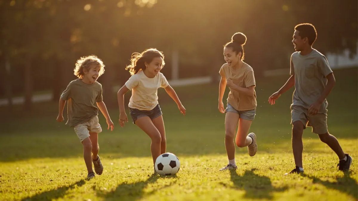 Grupo diverso de adolescentes jugando al fútbol en un parque al atardecer, con risas y movimiento natural.