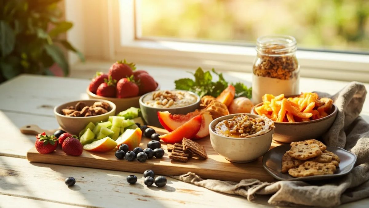 Mesa de madera rústica con una variedad de meriendas saludables: frutas frescas variadas, un cuenco de frutos secos, hummus con palitos de verdura, crackers integrales y un tarro de yogur con granola.