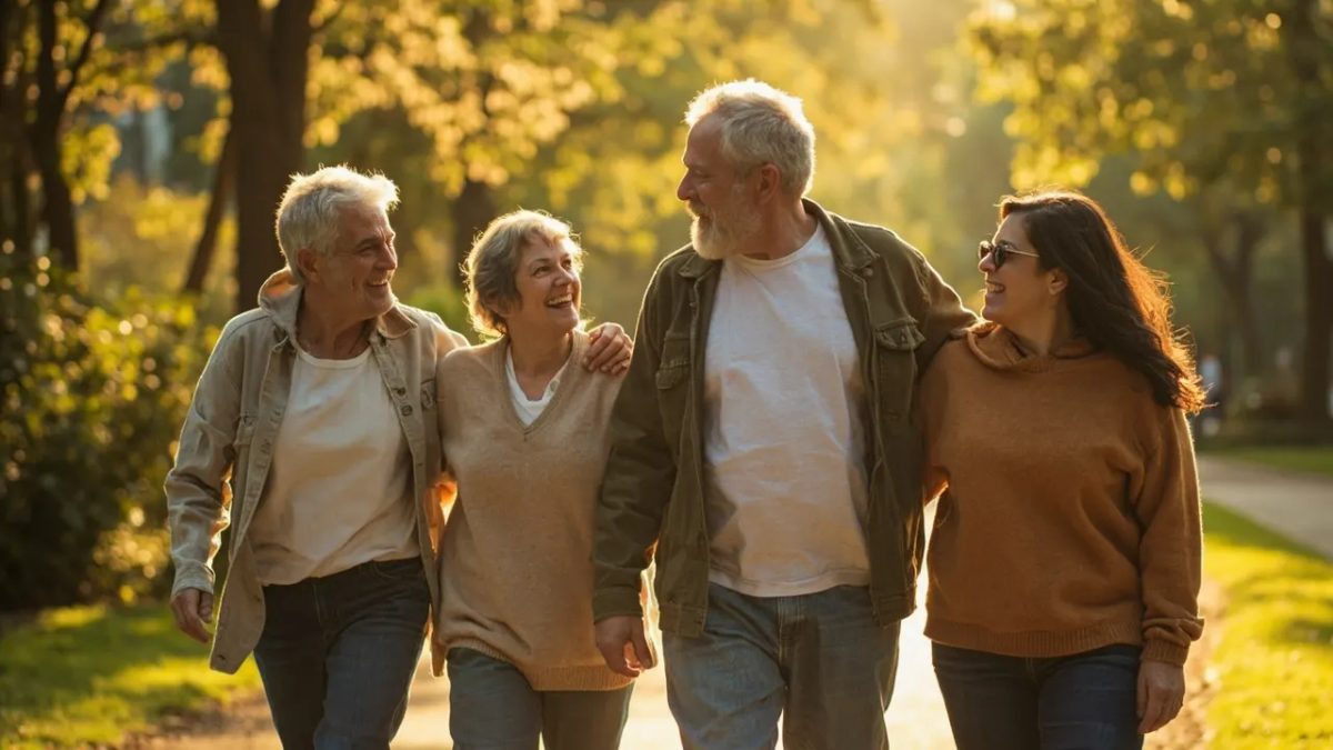 Un grupo diverso de cuatro adultos de diferentes edades, complexiones y procedencias caminan juntos por un sendero arbolado en un parque bañado por una luz cálida al atardecer, conversando y sonriendo.
