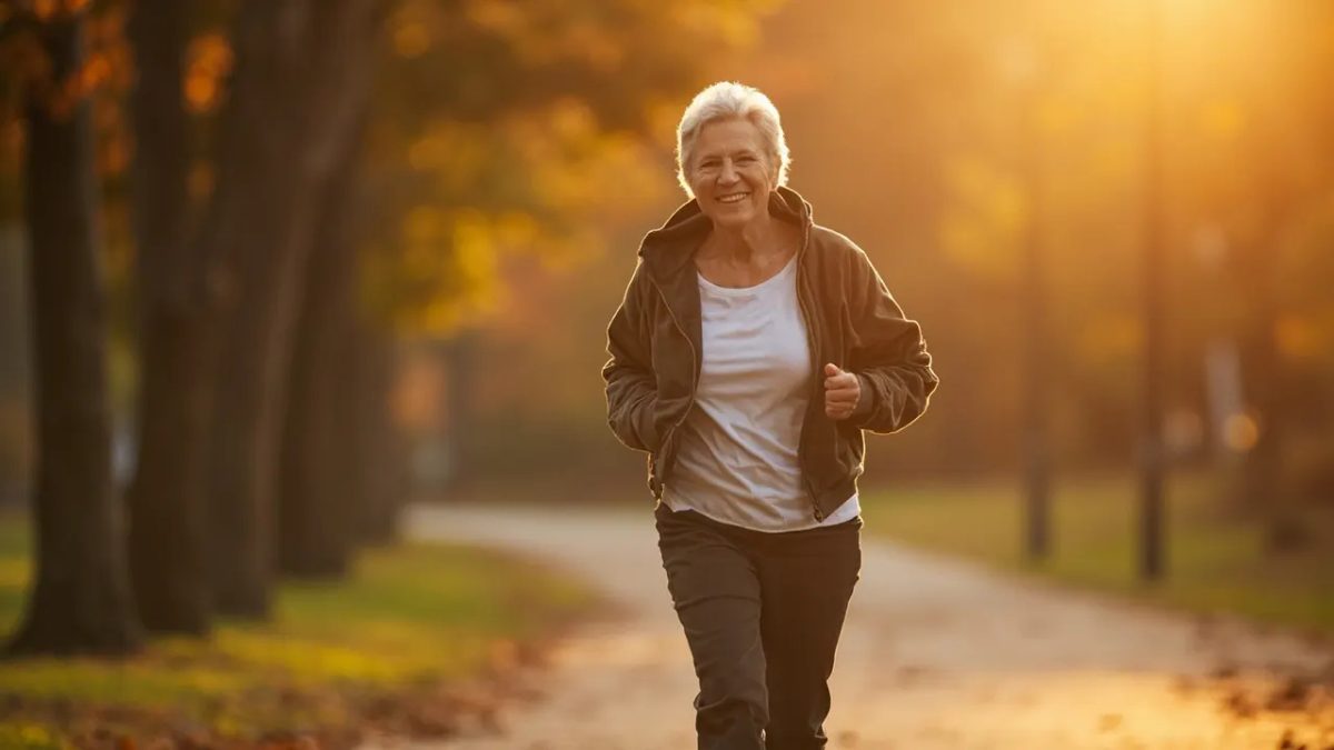 Mujer madura sonriendo mientras camina con paso firme por un sendero de parque bañado por luz cálida del atardecer