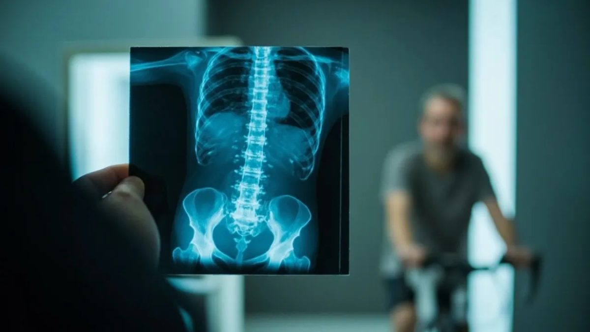Radiografía de columna lumbar sobre un negatoscopio, mostrando signos de disminución de densidad ósea característicos de la osteoporosis
