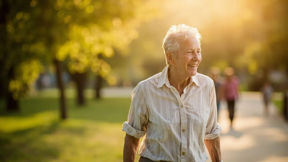 Mujer mayor sonriente caminando al aire libre por un parque soleado, en una imagen que representa un estilo de vida activo y saludable en la tercera edad.