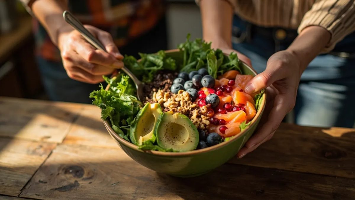 Manos diversas sosteniendo un cuenco colorido con una comida antiinflamatoria sobre una mesa de madera, con luz natural cálida.