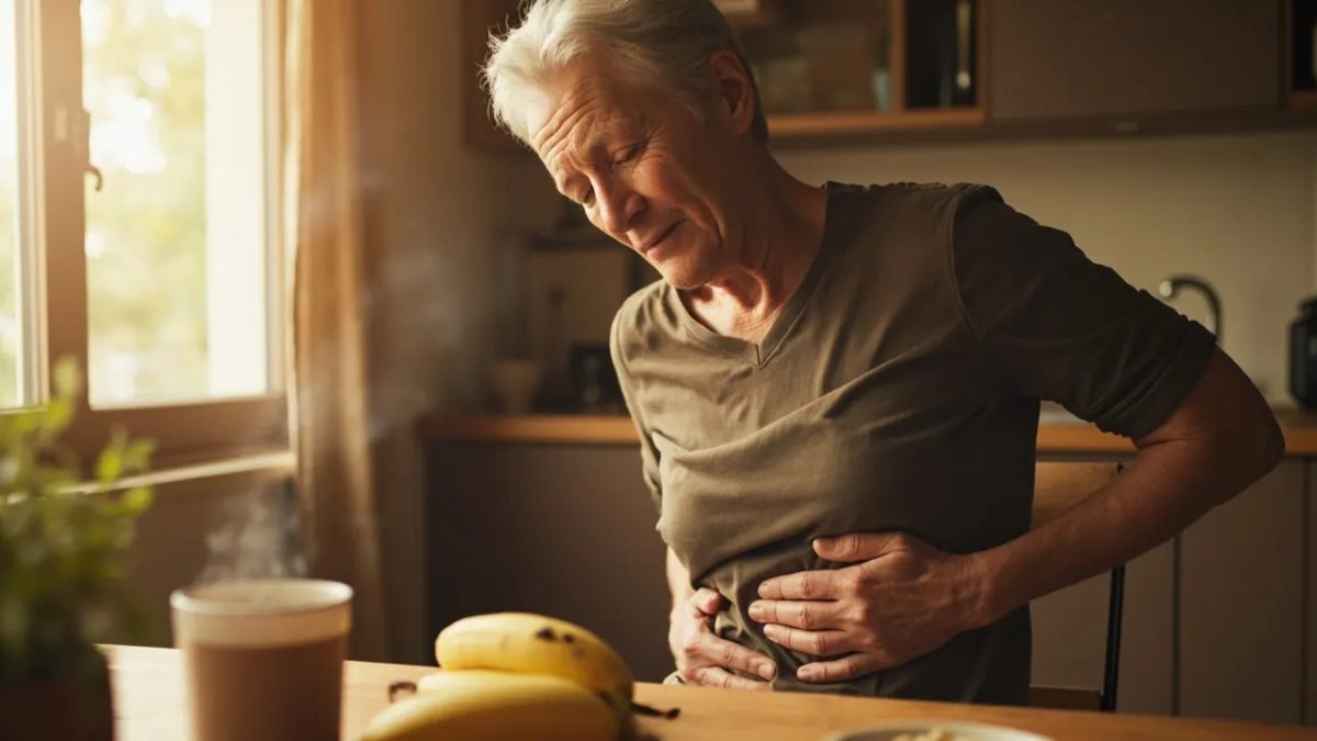 Persona diversa sentada a la mesa de una cocina iluminada con luz natural, sujetándose suavemente el abdomen con una mano, junto a una taza de infusión humeante, un plátano y un bol de avena.