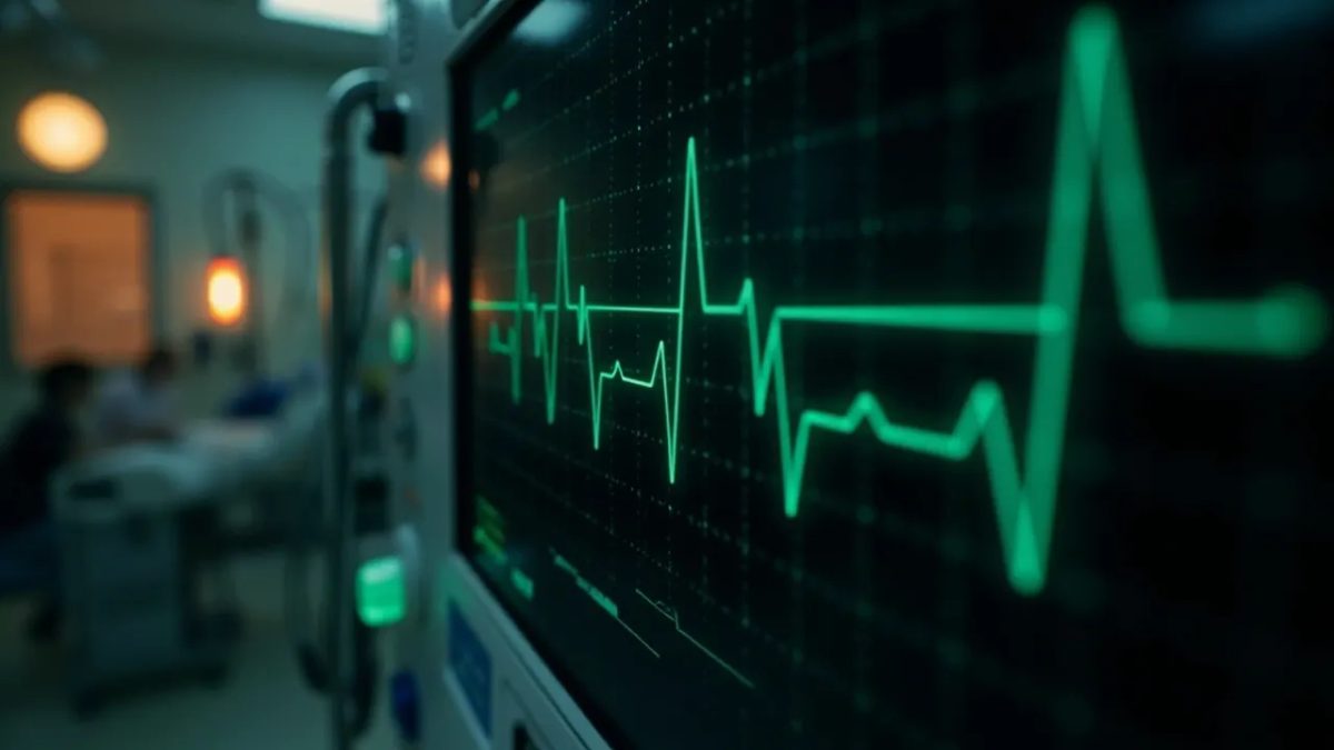 Monitor cardíaco mostrando el trazado de un electrocardiograma con una línea de latido en verde sobre pantalla oscura.