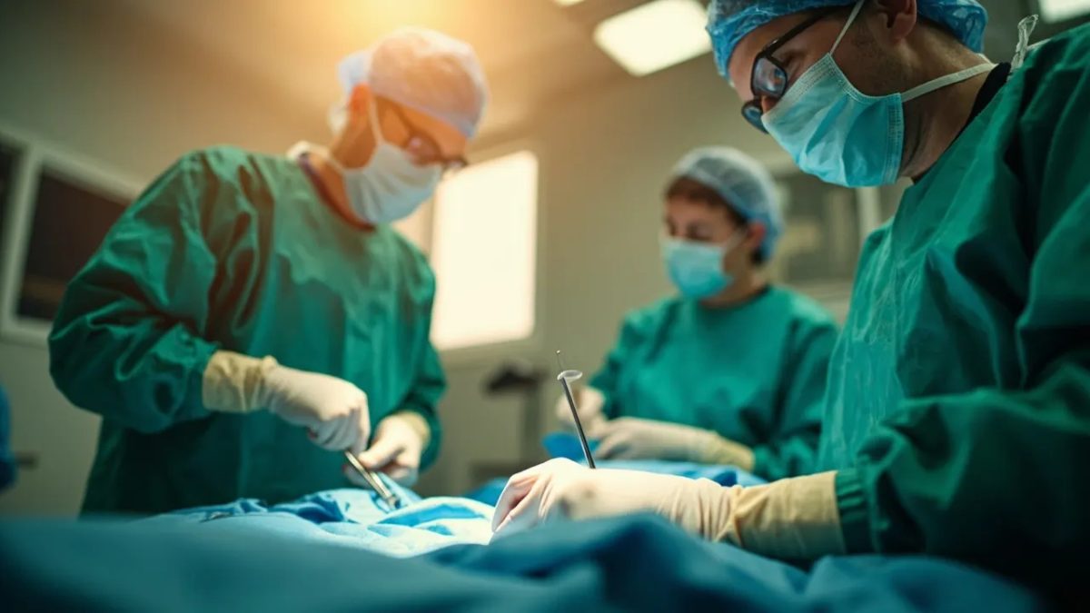Manos enguantadas de un cirujano sosteniendo instrumental médico en un quirófano iluminado con luz cálida