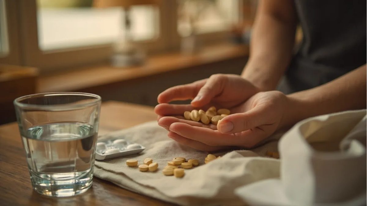 Mano sosteniendo pastillas de medicación tiroidea junto a un vaso de agua sobre una mesa de madera