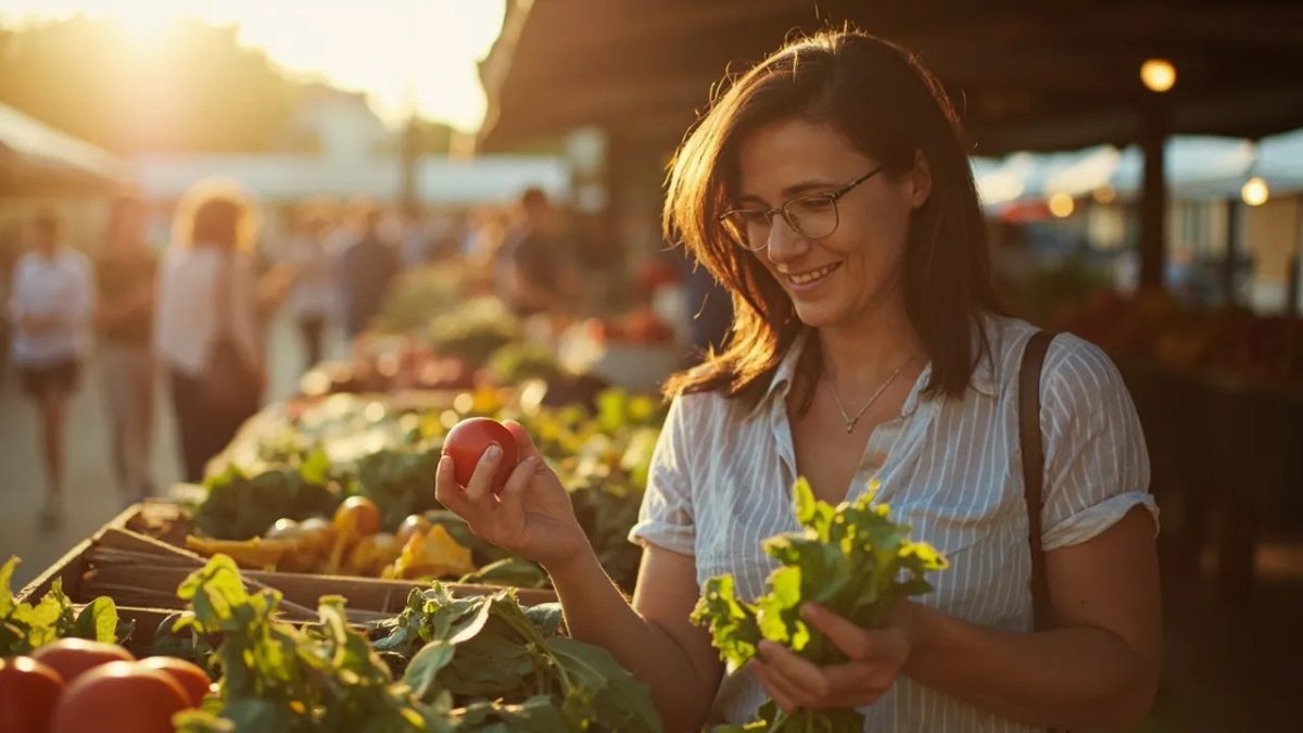 Persona diversa sonriendo con calma mientras elige verduras frescas en el puesto de un mercado al aire libre, bajo una luz cálida y natural.