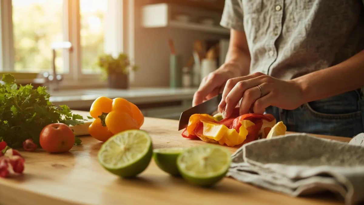 Persona cortando verduras frescas sobre una tabla de madera en una cocina iluminada con luz natural cálida.