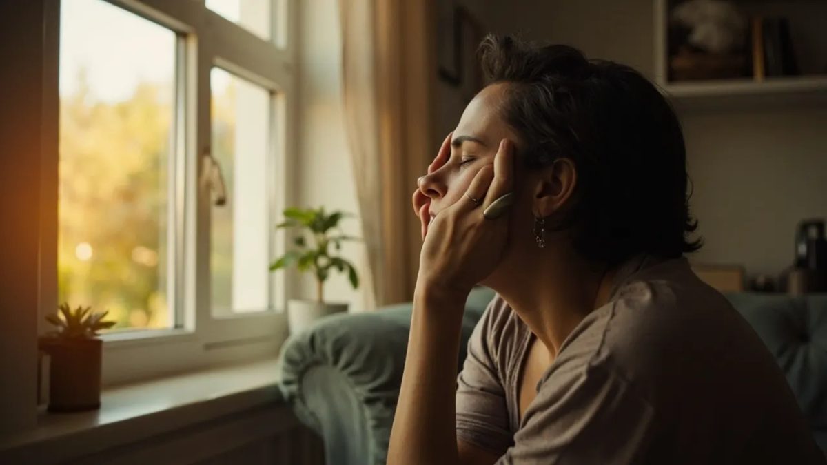 Persona sentada junto a una ventana con luz cálida, llevándose una mano a la frente con expresión de preocupación y tensión, transmitiendo una sensación de ansiedad y estrés.