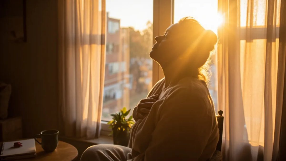 Mujer sentada junto a una ventana con luz cálida practicando respiración profunda con la mano sobre el pecho, junto a una taza de infusión y una planta.
