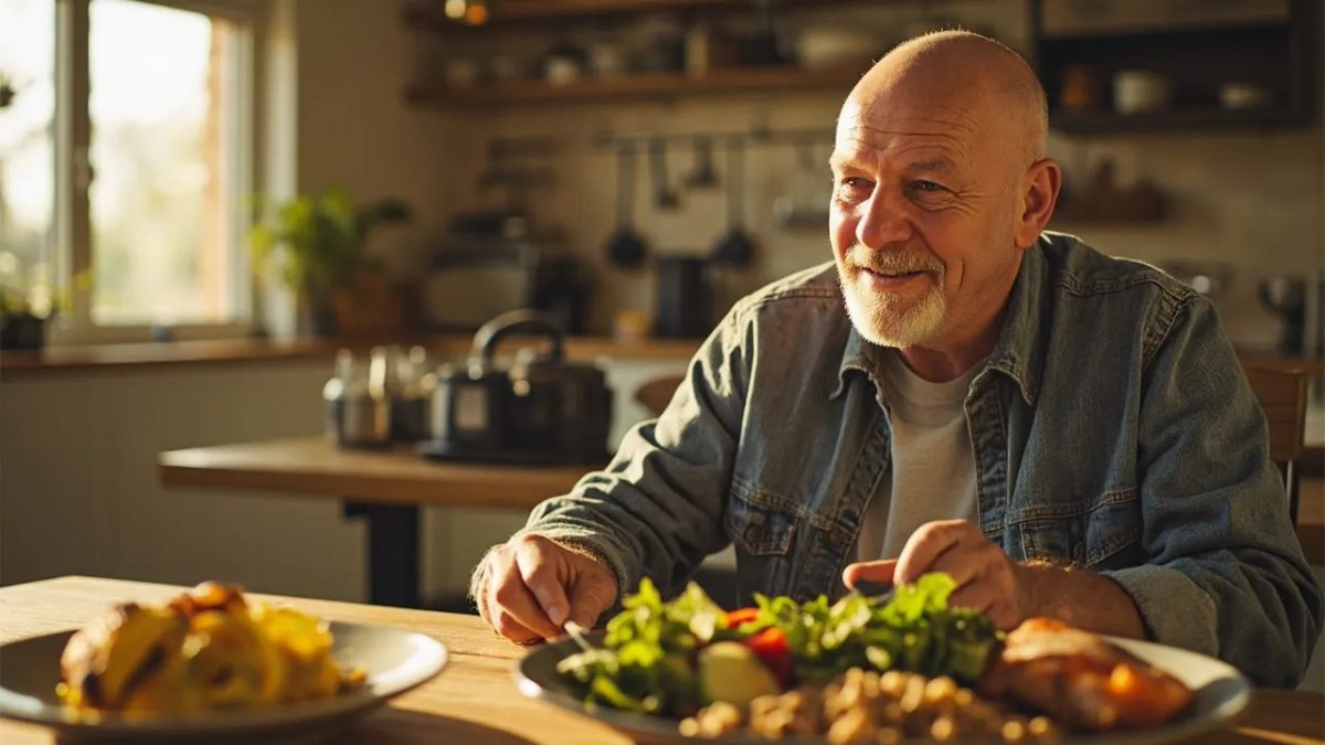 Persona diversa sentada en una mesa de cocina iluminada con luz natural, a punto de disfrutar un plato equilibrado con salmón, aguacate, verduras de hoja verde y granos integrales, en el contexto de una alimentación saludable para cuidar los triglicéridos.